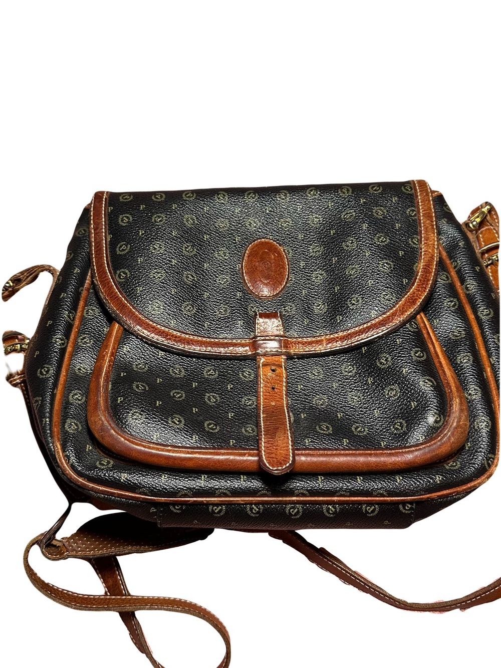 Pollini Black Monogram Crossbody with Brown Leather Trim